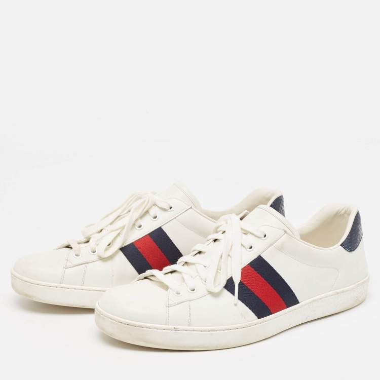Pre Owned Gucci White/Navy Blue Leather and Python Embossed Ace Sneakers Size 46.5