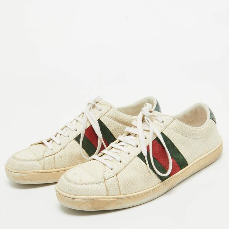 Pre Owned Gucci Cream Grained Leather Ace Sneakers Size 41.5