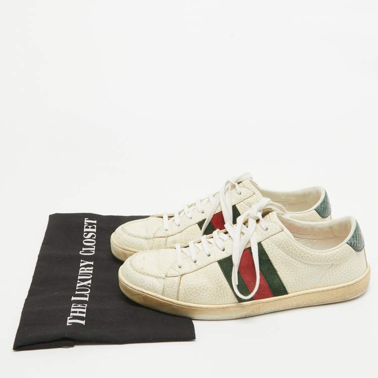 Pre Owned Gucci Cream Grained Leather Ace Sneakers Size 41.5