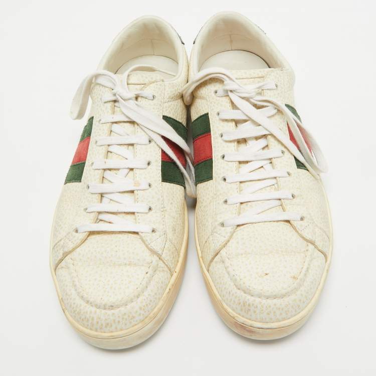 Pre Owned Gucci Cream Grained Leather Ace Sneakers Size 41.5