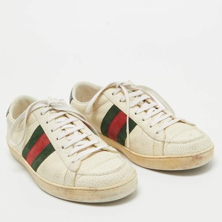 Pre Owned Gucci Cream Grained Leather Ace Sneakers Size 41.5