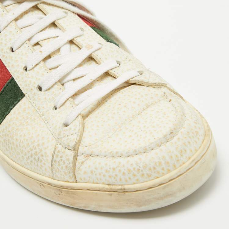 Pre Owned Gucci Cream Grained Leather Ace Sneakers Size 41.5