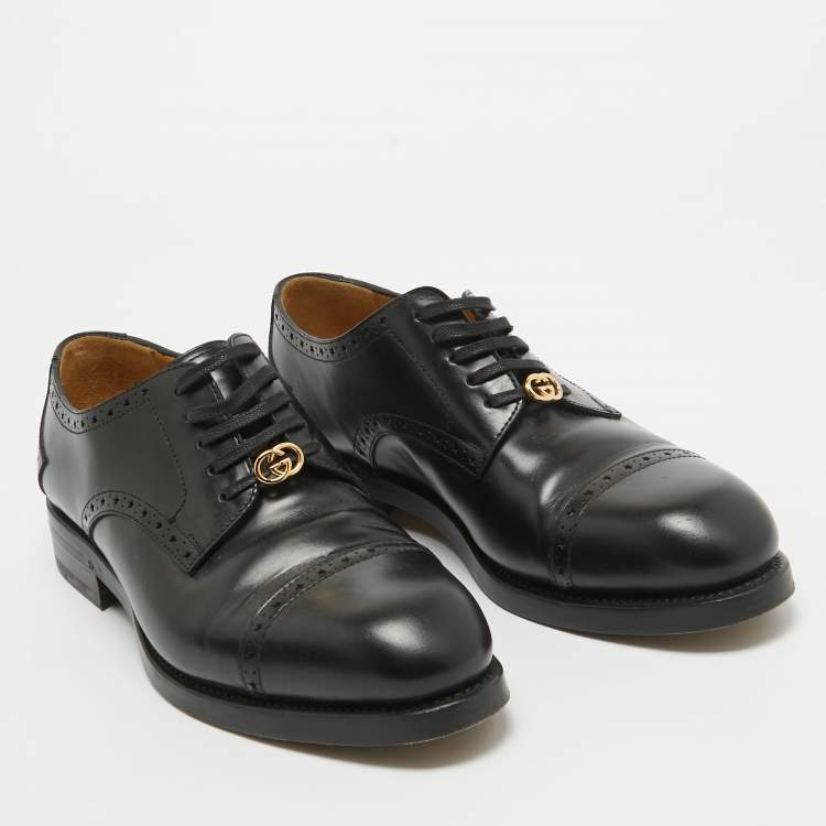 Pre Owned Gucci Black Leather Brogue Lace Up Oxfords Size 44