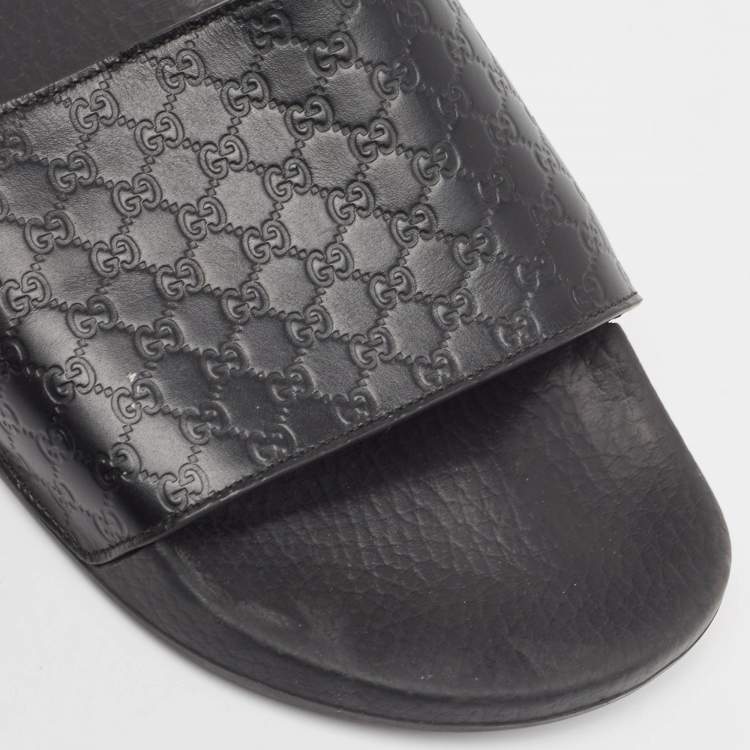 Pre Owned Gucci Black Microguccissima Leather Flat Slides Size 43
