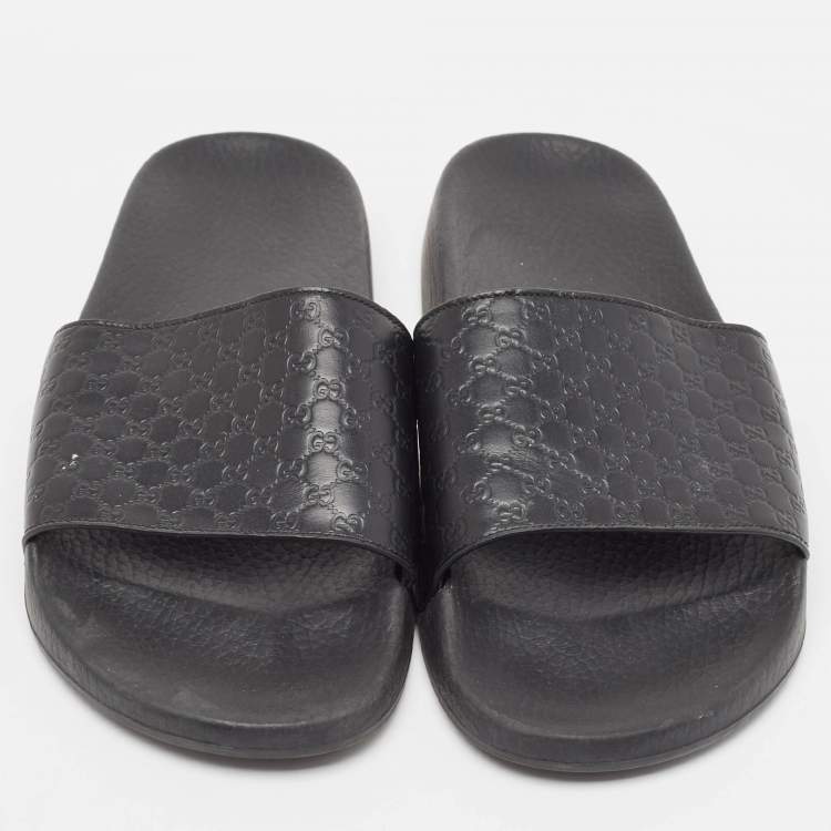 Pre Owned Gucci Black Microguccissima Leather Flat Slides Size 43