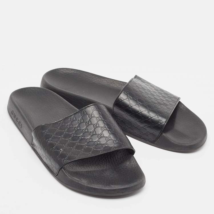 Pre Owned Gucci Black Microguccissima Leather Flat Slides Size 43