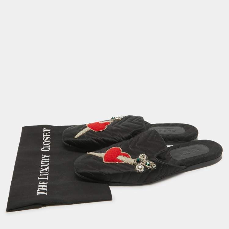 Pre Owned Gucci Black Matelasse Satin Heart and Dagger Flat Mules Size 42