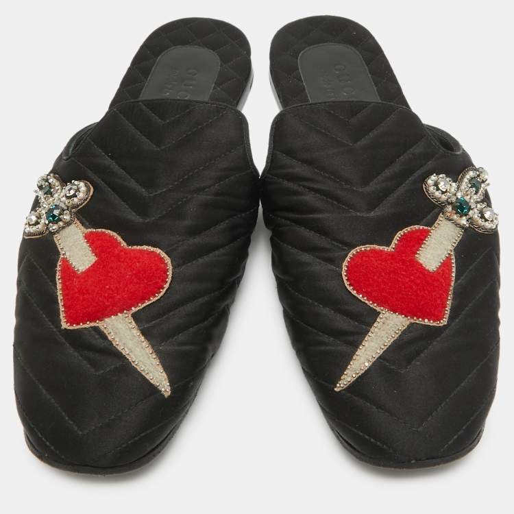 Pre Owned Gucci Black Matelasse Satin Heart and Dagger Flat Mules Size 42