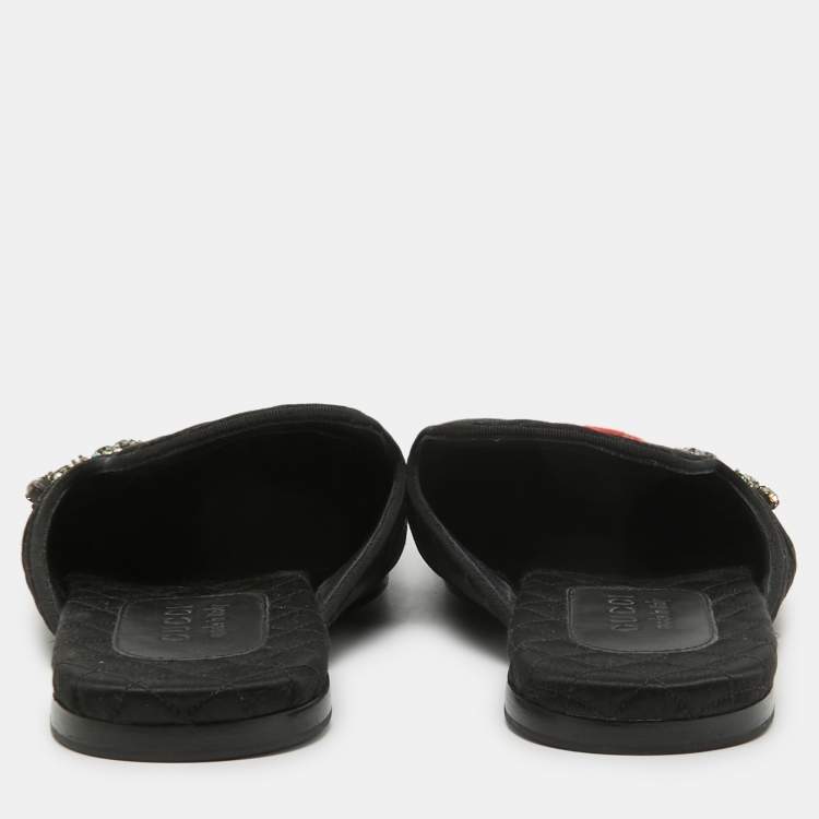 Pre Owned Gucci Black Matelasse Satin Heart and Dagger Flat Mules Size 42