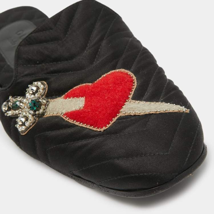Pre Owned Gucci Black Matelasse Satin Heart and Dagger Flat Mules Size 42