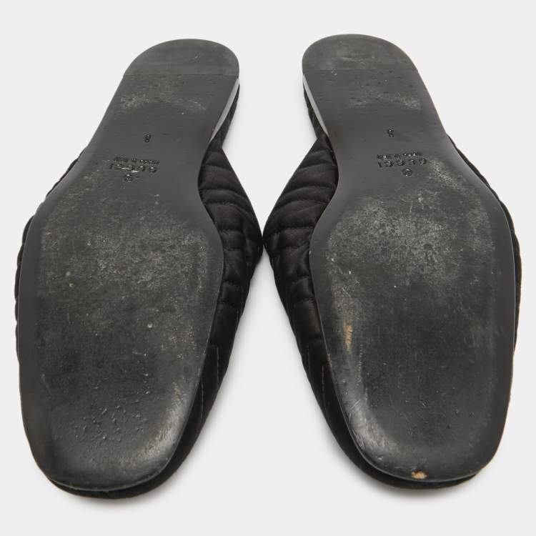 Pre Owned Gucci Black Matelasse Satin Heart and Dagger Flat Mules Size 42