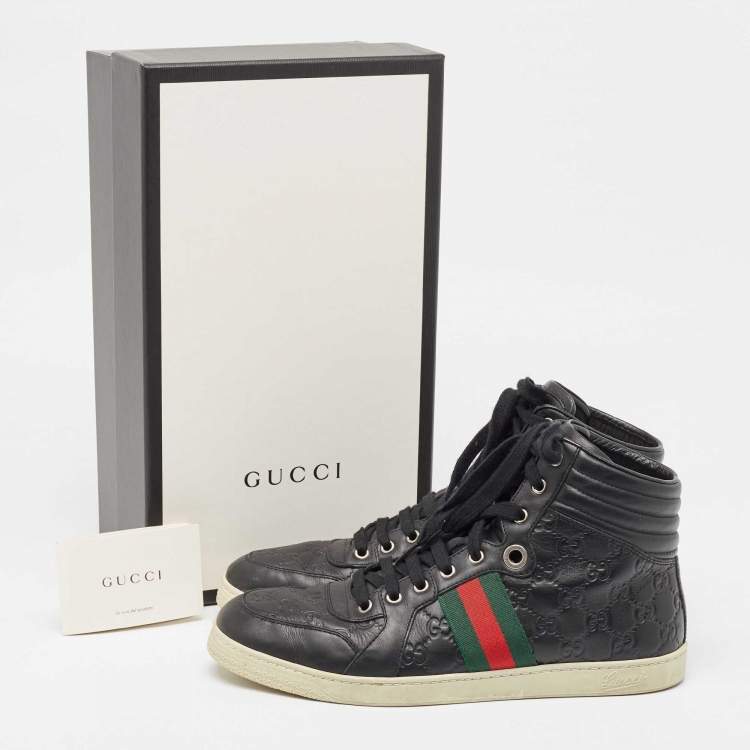 Pre Owned Gucci Black Guccissima Leather Web High Top Sneakers Size 43