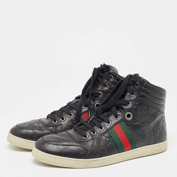 Pre Owned Gucci Black Guccissima Leather Web High Top Sneakers Size 43