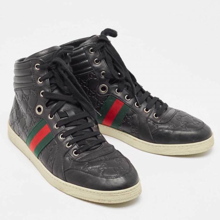 Pre Owned Gucci Black Guccissima Leather Web High Top Sneakers Size 43