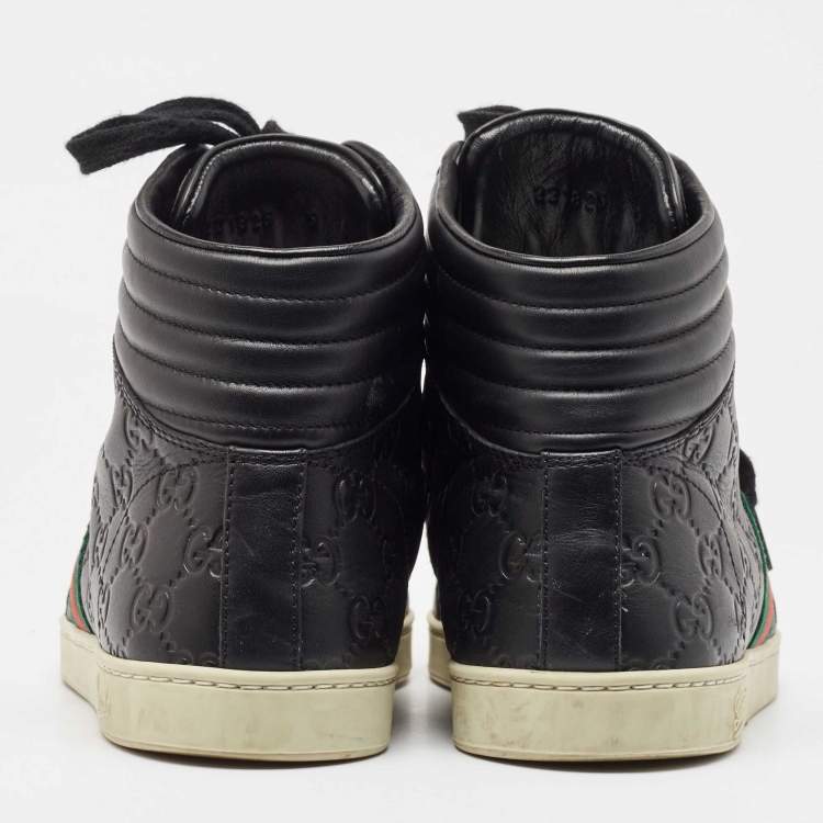 Pre Owned Gucci Black Guccissima Leather Web High Top Sneakers Size 43