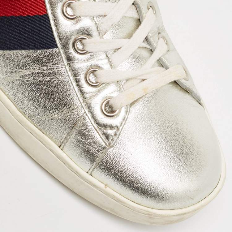 Pre Owned Gucci Silver Leather Ace Sneakers Size 42.5