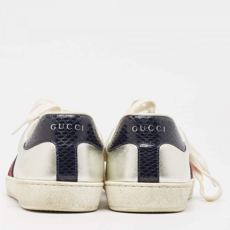Pre Owned Gucci Silver Leather Ace Sneakers Size 42.5