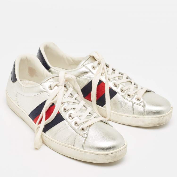 Pre Owned Gucci Silver Leather Ace Sneakers Size 42.5