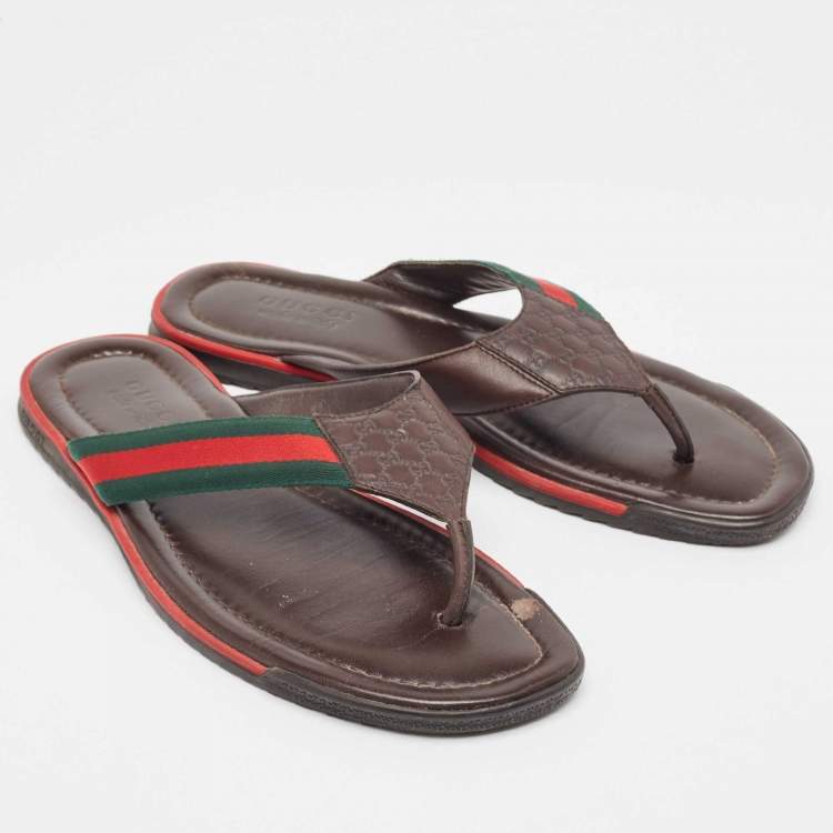 مملوكة مسبقًا Gucci Tricolor Guccissima Leather and Canvas Web Thong Slides Size 44