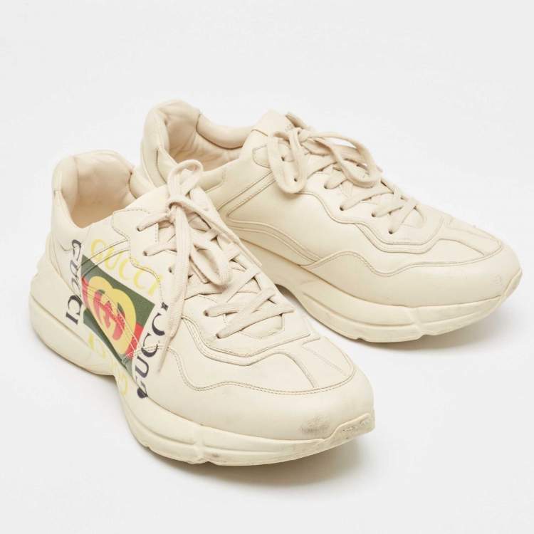 Pre Owned Gucci Cream Leather Vintage Logo Rhyton Sneakers Size 43.5