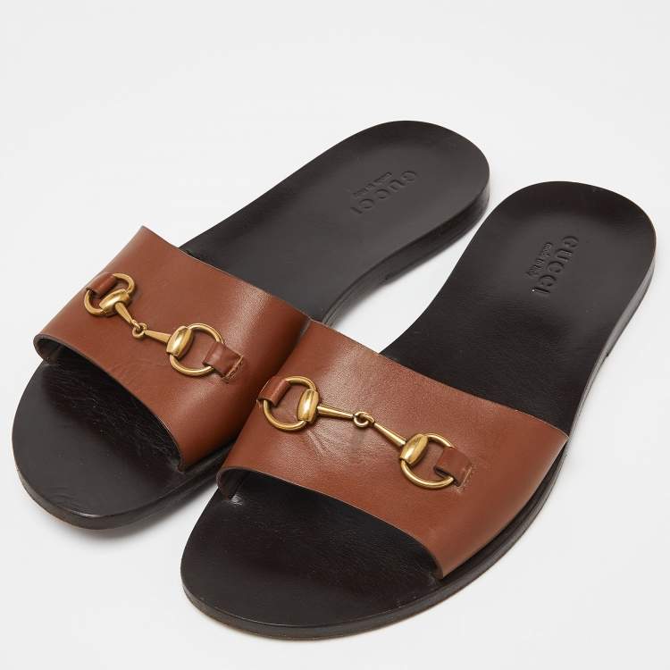 Pre Owned Gucci Brown Leather Horsebit Slides Size 43.5 