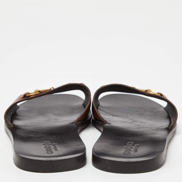 Pre Owned Gucci Brown Leather Horsebit Slides Size 43.5 