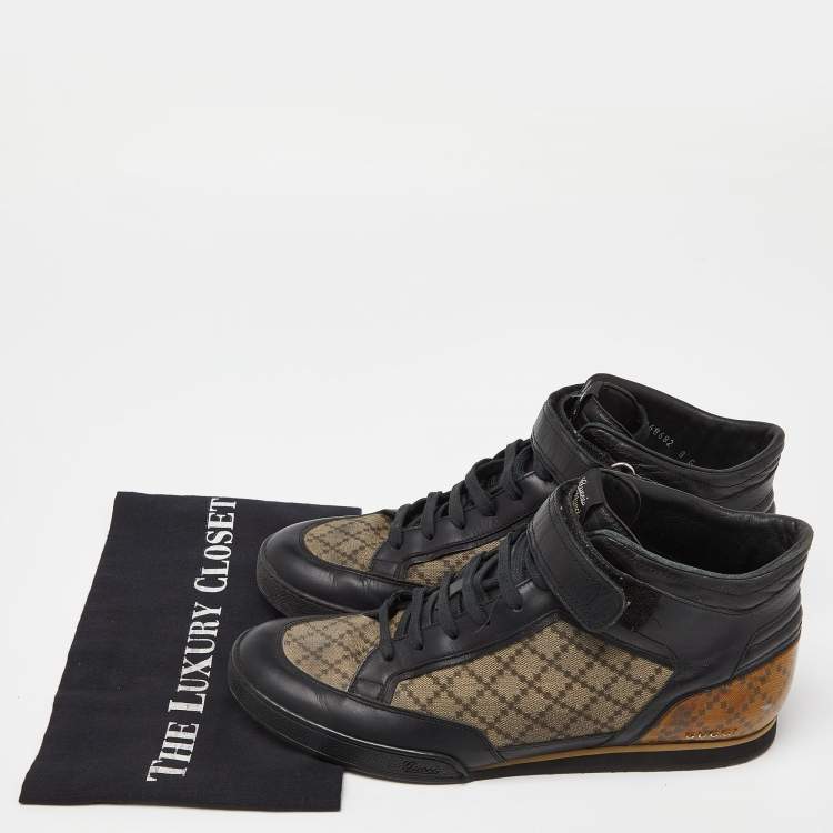 Pre Owned Gucci Black/Beige Leather and Diamante Canvas High Top Sneakers Size 42