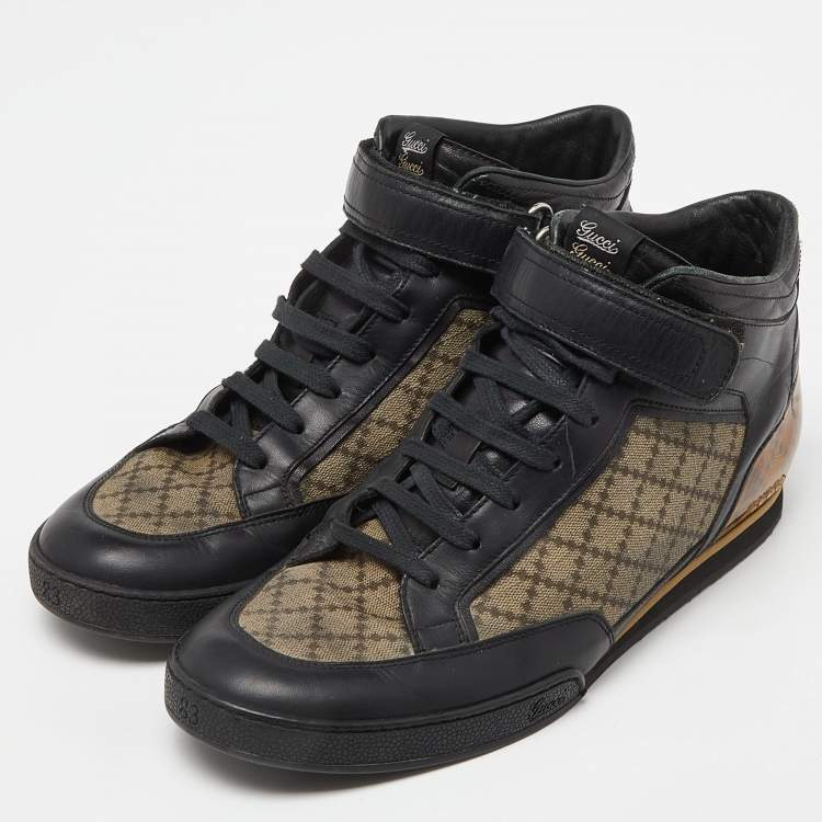 Pre Owned Gucci Black/Beige Leather and Diamante Canvas High Top Sneakers Size 42