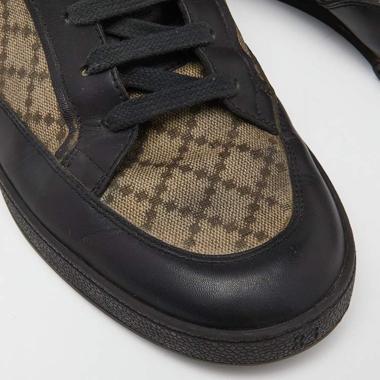 Pre Owned Gucci Black/Beige Leather and Diamante Canvas High Top Sneakers Size 42
