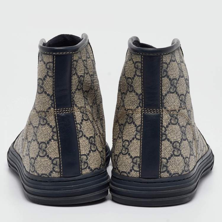 مملوكة مسبقًا Gucci Beige/Blue GG Supreme Canvas and Leather Cap Toe High Top Sneakers Size 44.5