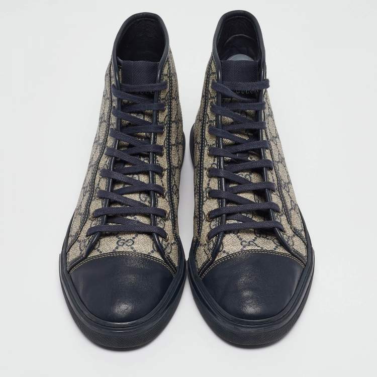 مملوكة مسبقًا Gucci Beige/Blue GG Supreme Canvas and Leather Cap Toe High Top Sneakers Size 44.5