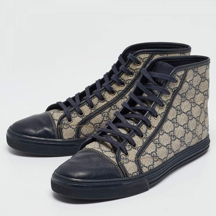 مملوكة مسبقًا Gucci Beige/Blue GG Supreme Canvas and Leather Cap Toe High Top Sneakers Size 44.5