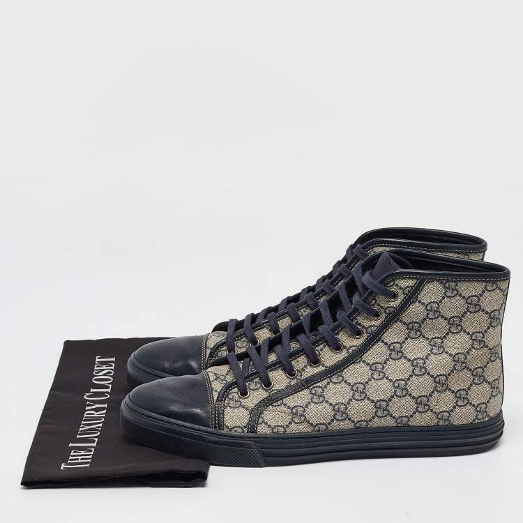 مملوكة مسبقًا Gucci Beige/Blue GG Supreme Canvas and Leather Cap Toe High Top Sneakers Size 44.5