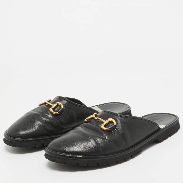 Pre Owned Gucci Black Leather Horsebit Flat Mules Size 42.5
