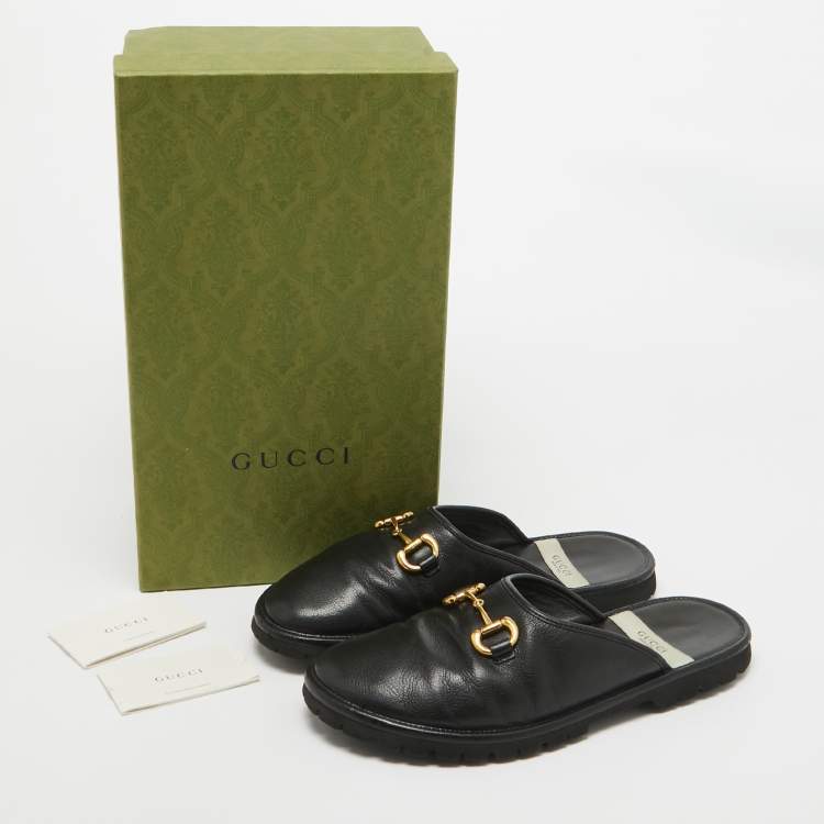 Pre Owned Gucci Black Leather Horsebit Flat Mules Size 42.5