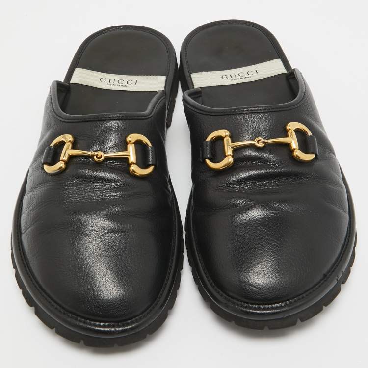 Pre Owned Gucci Black Leather Horsebit Flat Mules Size 42.5