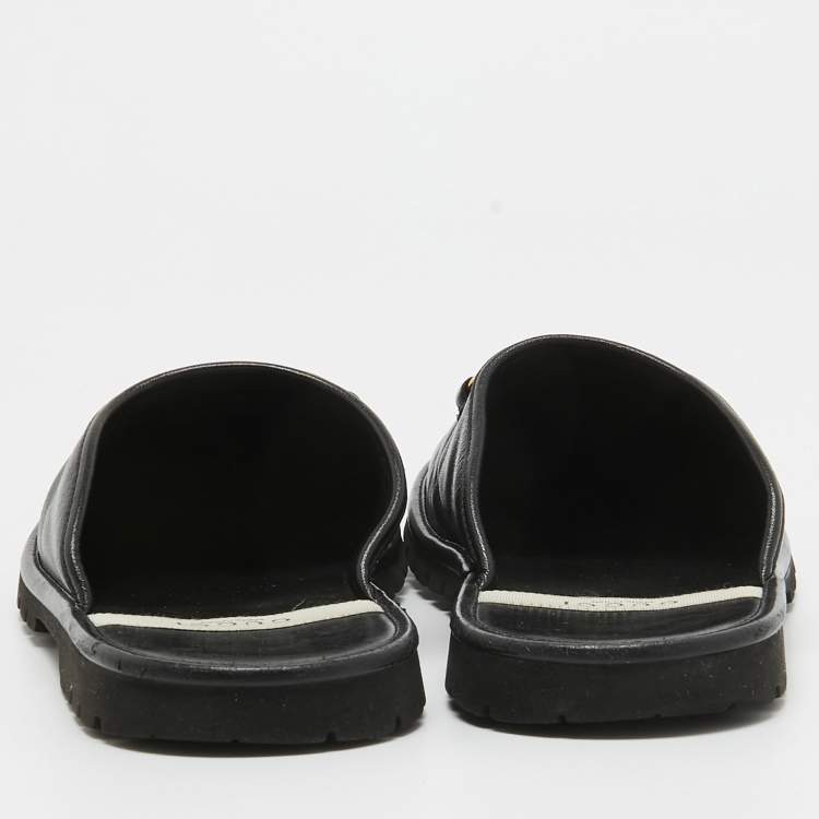 Pre Owned Gucci Black Leather Horsebit Flat Mules Size 42.5
