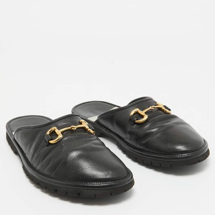Pre Owned Gucci Black Leather Horsebit Flat Mules Size 42.5