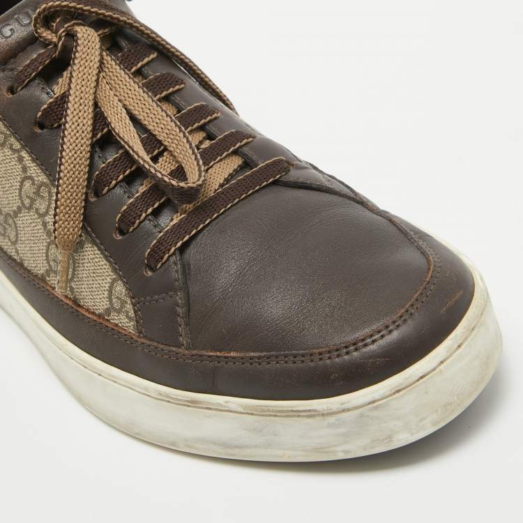 Pre Owned Gucci Beige/Brown GG Supreme Canvas and Leather Low Top Sneakers Size 40.5