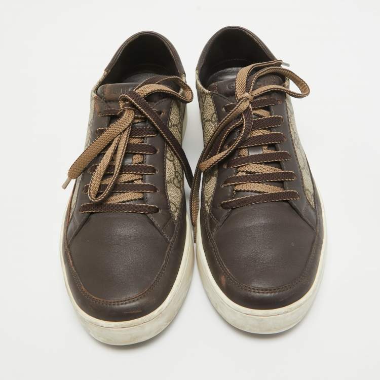 Pre Owned Gucci Beige/Brown GG Supreme Canvas and Leather Low Top Sneakers Size 40.5