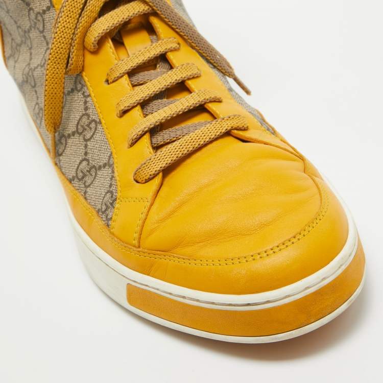 Pre Owned Gucci Beige/Yellow GG Supreme Canvas and Leather High Top Sneakers Size 44