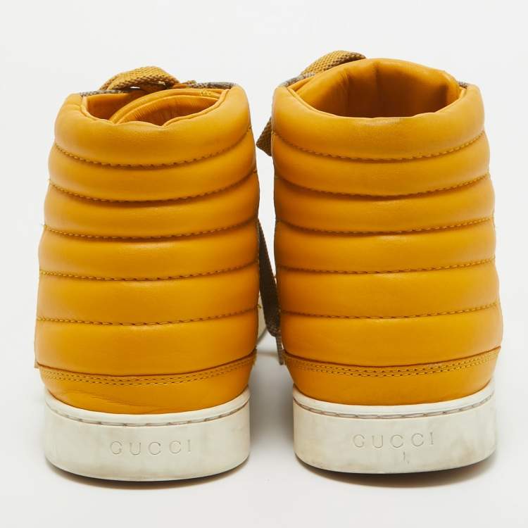 Pre Owned Gucci Beige/Yellow GG Supreme Canvas and Leather High Top Sneakers Size 44