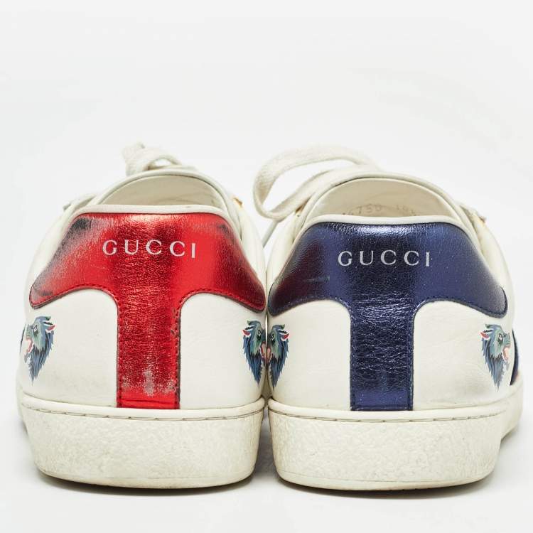 Pre Owned Gucci White Leather Wolf Print Ace Sneakers Size 44.5