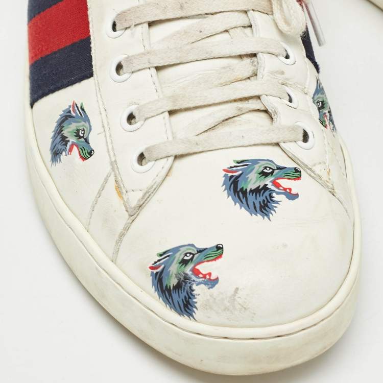 Pre Owned Gucci White Leather Wolf Print Ace Sneakers Size 44.5