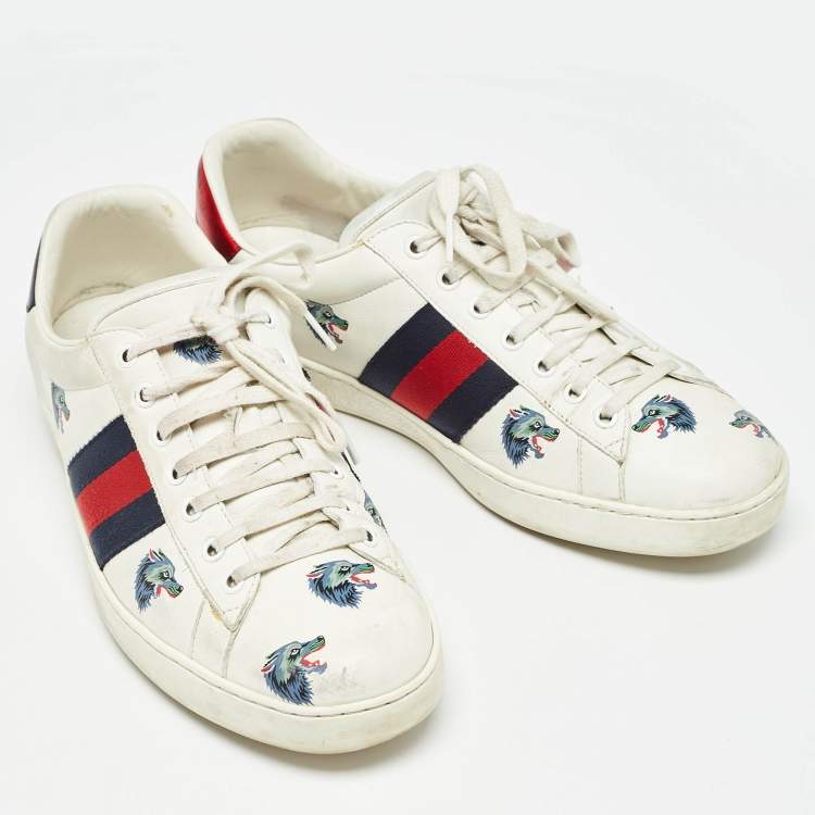 Pre Owned Gucci White Leather Wolf Print Ace Sneakers Size 44.5