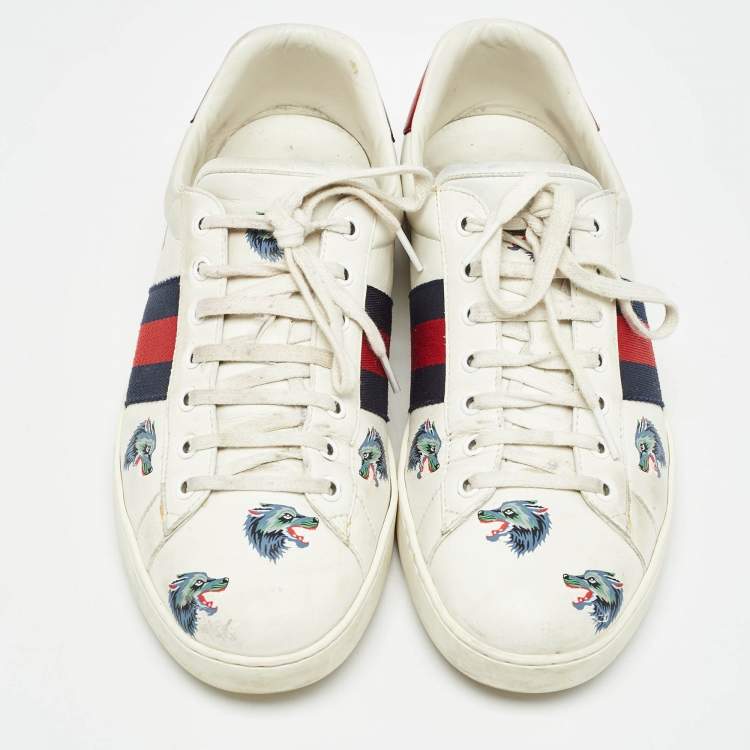 Pre Owned Gucci White Leather Wolf Print Ace Sneakers Size 44.5