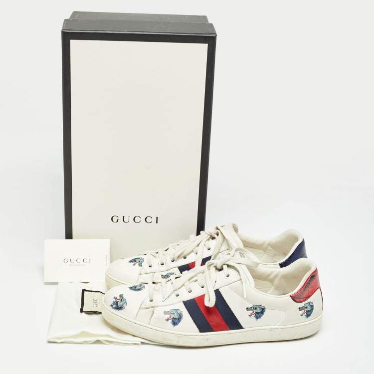 Pre Owned Gucci White Leather Wolf Print Ace Sneakers Size 44.5
