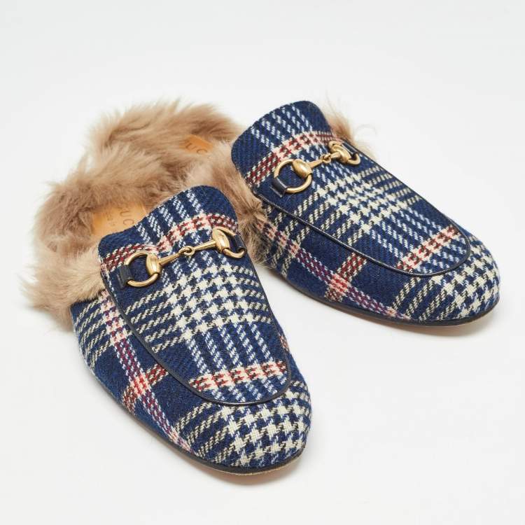 Pre Owned Gucci Blue Plaid Print Tweed Fur Lined Princetown Flat Mules Size 43
