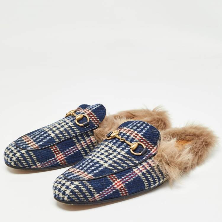 Gucci Blue Plaid Print Tweed Fur Lined Princetown Flat Mules Size 43 Gucci TLC