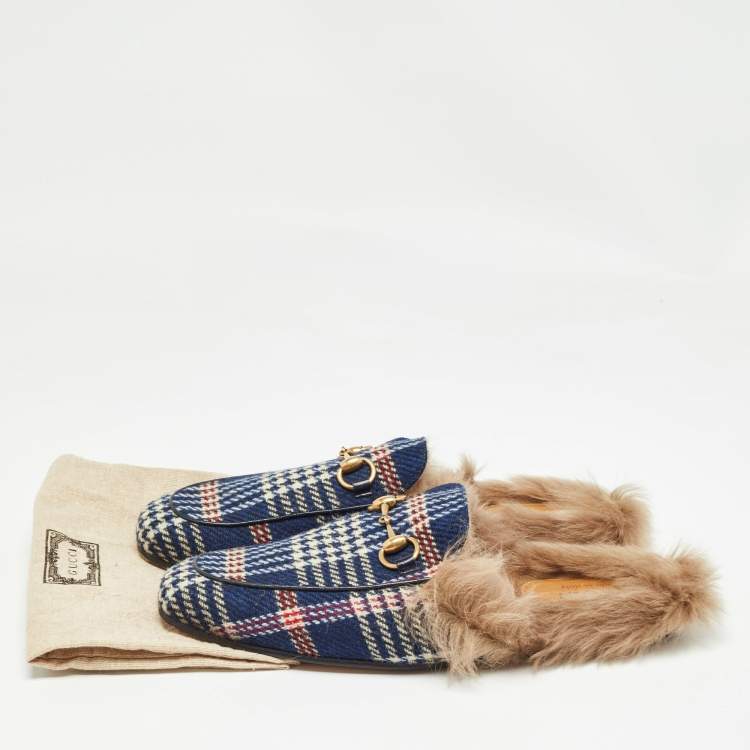 Pre Owned Gucci Blue Plaid Print Tweed Fur Lined Princetown Flat Mules Size 43